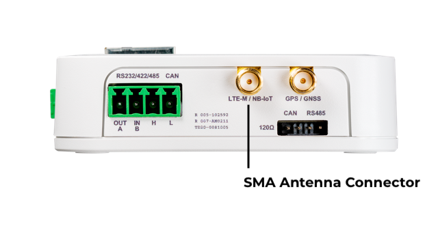 Side of the Kilo: LTE-M / NB-IoT label and location of the SMA connector